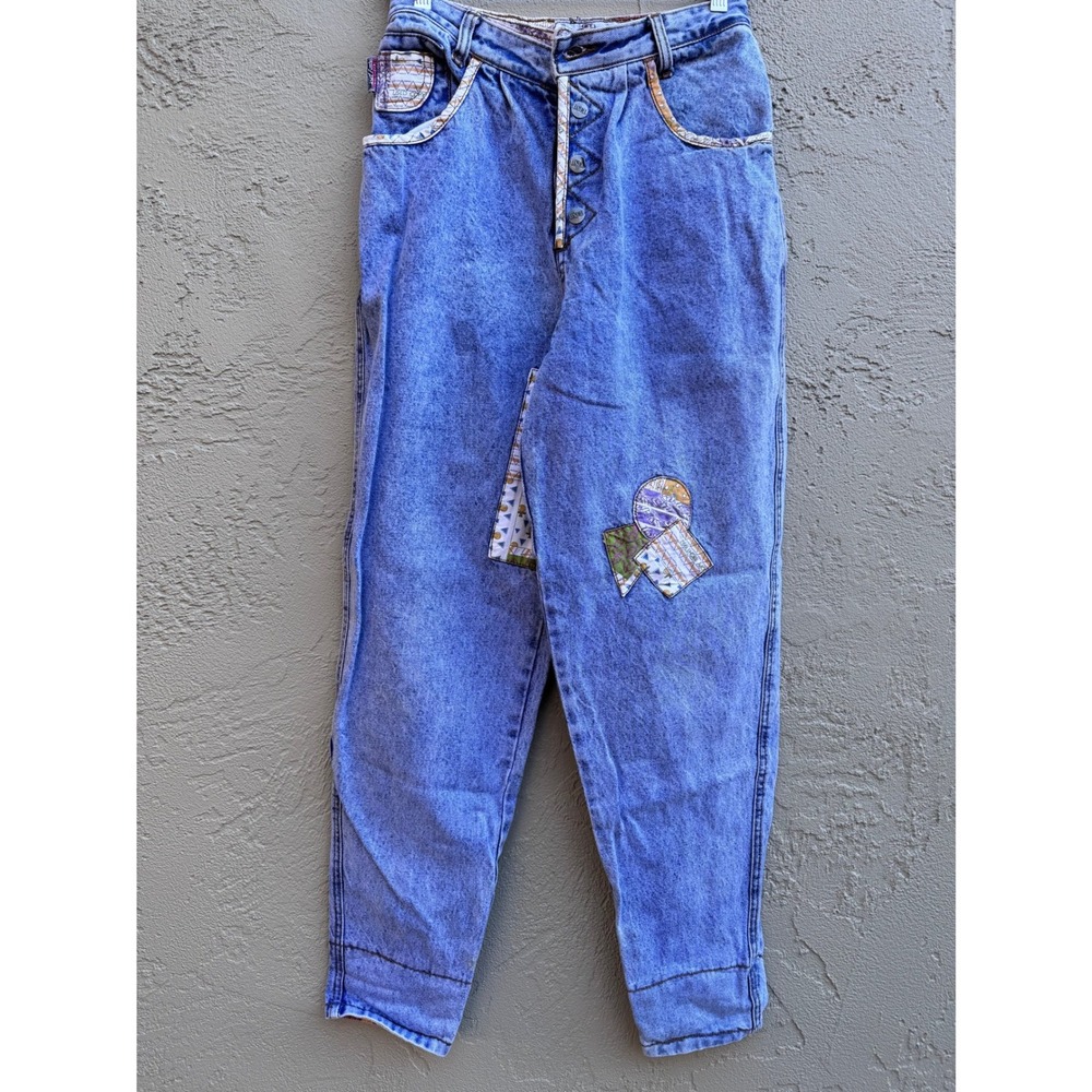 VTG GET USED Acid Wash Patchwork High Waisted Jeans SZ 28 Retro 90s Cottagecore